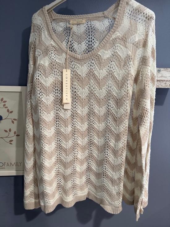 lovestitch Sweaters - lovestitch Beige and Cream Chevron Open-Knit Scoop Neck Sweater